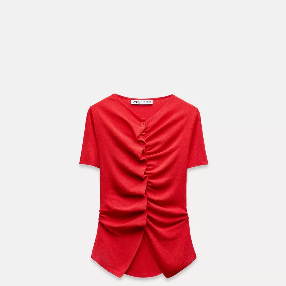 Zara Red Ruched Asymmetrical Blouse